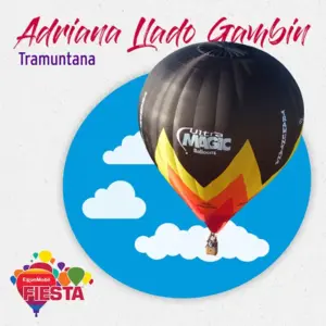 A hot air balloon with colorful patterns floats over a stylized backdrop, promoting ExxonMobil Fiesta. Text reads, “Adriana Llado Gambin Tramuntana.”