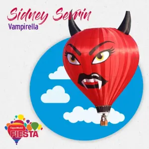 Red hot air balloon shaped like a devil's head with horns, set against a blue sky with clouds. Branded