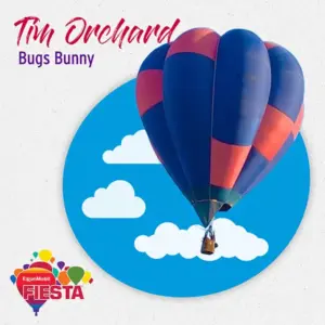 A colorful hot air balloon floats against a cartoon sky backdrop, featuring clouds. Text reads