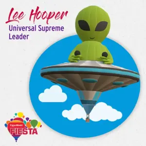 A cartoon alien rides a UFO-shaped hot air balloon against a blue sky with clouds.