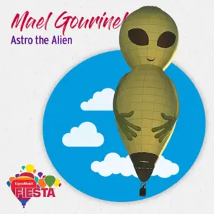 A hot air balloon shaped like an alien, featured in an ExxonMobil Fiesta advertisement. Background has clouds and blue circle.