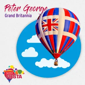 A colorful hot air balloon featuring the Union Jack design floats against a blue sky with clouds. Text: