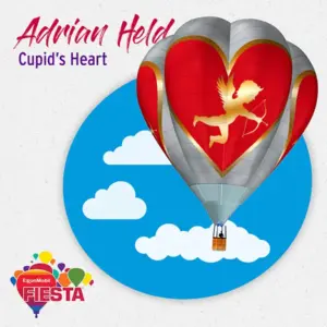 Heart-shaped hot air balloon with a Cupid design floats against a cloudy blue sky. Part of the ExxonMobil Fiesta event.