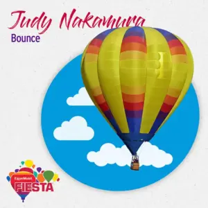 Bright, colorful hot air balloon against sky. Text reading