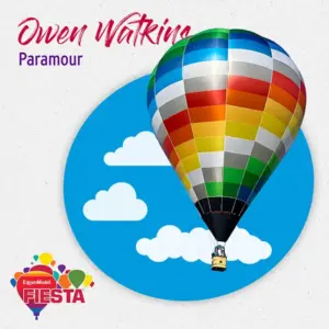 A colorful hot air balloon flies against a bright blue sky with clouds. Text reads