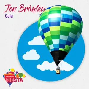 A colorful hot air balloon against a blue sky background with clouds, featuring the ExxonMobil Fiesta logo and text