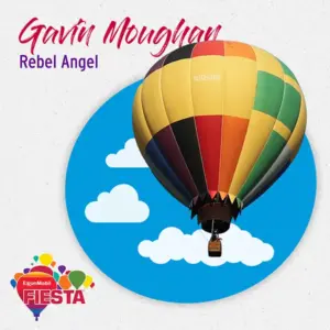 Colorful hot air balloon with clouds, a logo for ExxonMobil Fiesta, and text