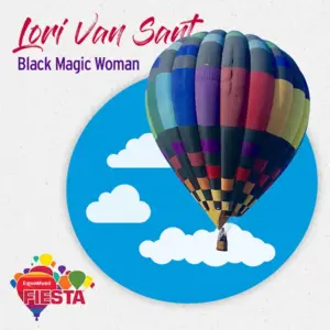 A colorful hot air balloon is floating against a blue sky. Text reads