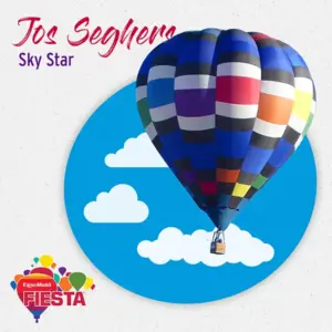A colorful hot air balloon floats against a blue cloud-filled background, part of an ExxonMobil Fiesta event poster with Jos Seghers Sky Star text.