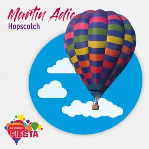 A colorful hot air balloon floats against a blue sky background with clouds. Text reads