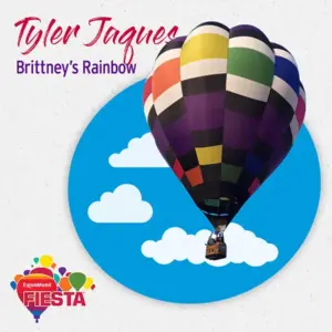 Colorful hot air balloon with rainbow pattern against blue sky. Text partially obscured. Logo reads