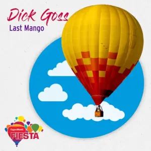 A hot air balloon with a yellow and red pattern floats in front of a blue circle with clouds. Text references a fiesta event.