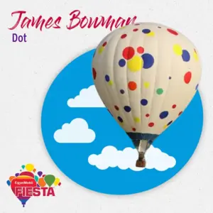 A colorful hot air balloon with polka dots is displayed against a blue sky with clouds in a circular frame labeled ExxonMobil Fiesta.