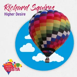 A colorful hot air balloon floats against a sky with clouds, promoting the ExxonMobil Fiesta and featuring