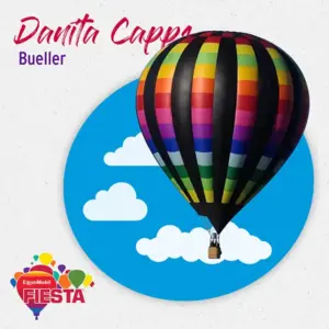 A colorful hot air balloon with a striped pattern floats against a blue sky graphic, labeled