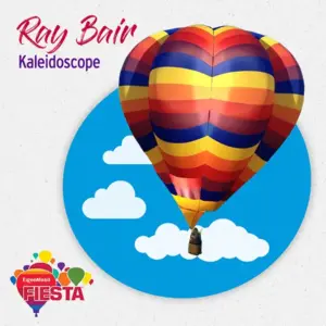 Colorful hot air balloon with stripes floats against blue sky with clouds. Text says