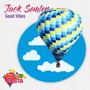 A colorful hot air balloon floats against a blue sky illustration with clouds. Text reads