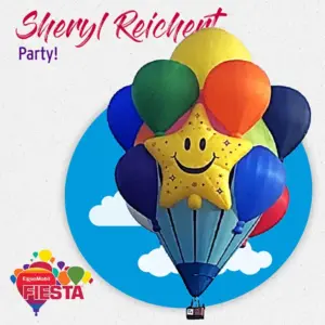 A colorful hot air balloon shaped like a smiling star surrounded by balloons with a festive background and text promoting a party.