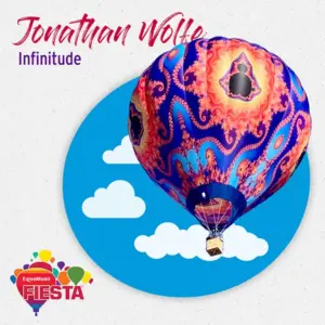 Colorful hot air balloon with intricate patterns floats against blue sky with clouds illustration. Text includes