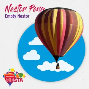 Colorful hot air balloon floats against a sky backdrop with clouds. Includes logos for ExxonMobil Fiesta and text reading