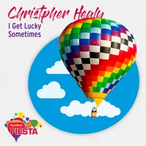 A colorful hot air balloon floats against a blue sky background with clouds, promoting a festive event titled