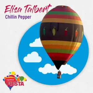 Colorful hot air balloon with pepper design floats against a blue sky with clouds. Fiesta logo and text,