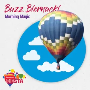 A colorful hot air balloon against a blue sky with clouds. Text reads