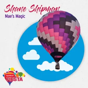 A vibrant hot air balloon floats against a blue sky with clouds, featuring a colorful festival logo in the corner.