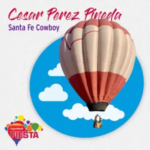 A hot air balloon floats against a blue sky with clouds. Text reads