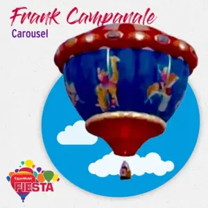 Colorful balloon decorated with carousel horse designs, set against a blue sky with clouds. Text reads:
