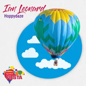 Colorful hot air balloon with a zigzag pattern floats in a blue sky with clouds. Text reads