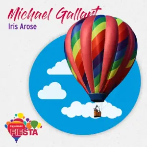 A colorful hot air balloon floats under clouds, accented by text