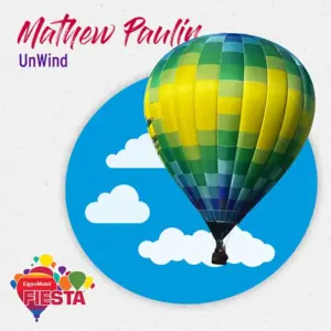 Colorful hot air balloon floats in blue sky with clouds. Event: ExxonMobil Fiesta. Text reads: