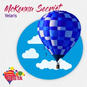 Blue checkered hot air balloon against a blue sky with clouds graphic.