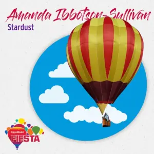 A colorful hot air balloon with a striped pattern against a blue circle background with clouds, promoting a festival event.