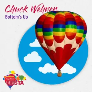 A colorful hot air balloon floats against a sky with clouds, with text