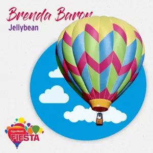 A colorful hot air balloon with geometric patterns floats against a cartoon sky backdrop.