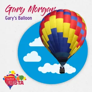 A colorful hot air balloon floats against a blue sky with clouds. Text reads