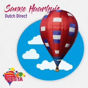 A colorful hot air balloon against a blue circle with clouds. Text reads