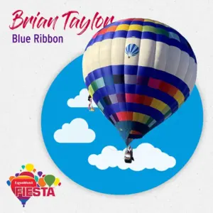 A colorful hot air balloon floats against a blue sky with clouds, promoting the ExxonMobil Fiesta. Letters say