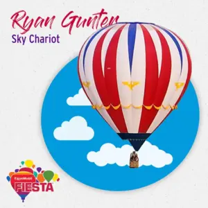 A colorful hot air balloon with a person in the basket, against a cartoon clouds background, labeled