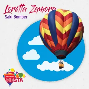 Colorful hot air balloon floats in blue sky with clouds. Text reads