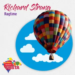 A colorful hot air balloon floats against a blue sky with clouds. Text reads