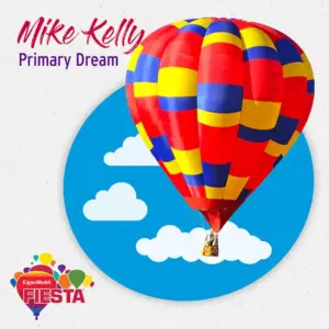 Colorful hot air balloon with passengers against a blue sky with clouds graphic.