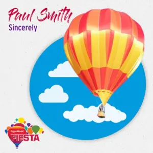 A hot air balloon with red and yellow panels floats against a cloud-patterned circle.