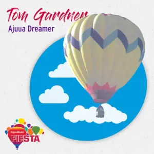 A colorful hot air balloon against a blue sky with clouds. Text reads