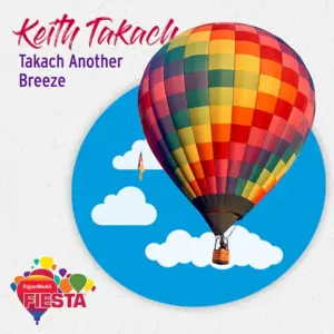 A colorful hot air balloon ascends against a blue sky with clouds, promoting