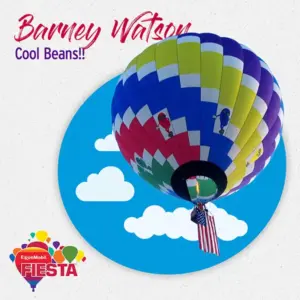 Colorful hot air balloon with flag below against a blue sky. Text says