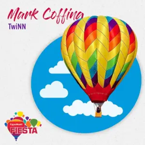 A colorful hot air balloon against a blue sky with clouds. Text: