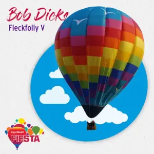 A colorful hot air balloon against a blue sky background with clouds. Text includes